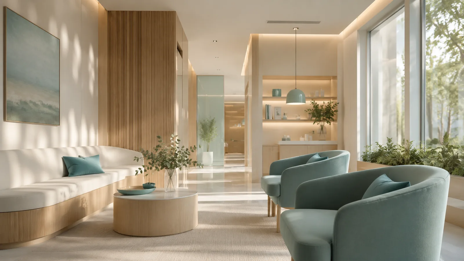 Sala de espera de NOVA Dental Studio, minimalista y luminosa