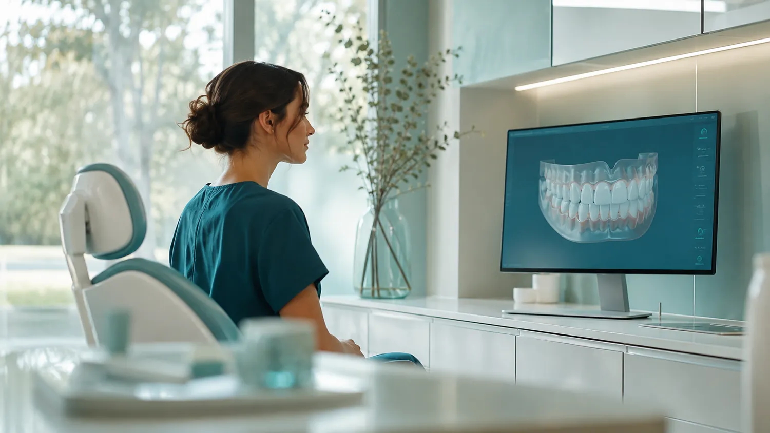 Odontóloga de NOVA Dental Studio revisando un diseño digital de sonrisa en pantalla